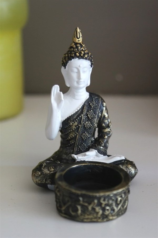 Pirinç Detaylı Beyaz Buda Tealight Mumluklar (11 cm) - Öğretici - Miamantra