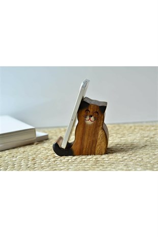 El Yapımı Ahşap Kedili Telefonluk / Telefon Tutucu / Telefon Standı (10 cm) - Miamantra