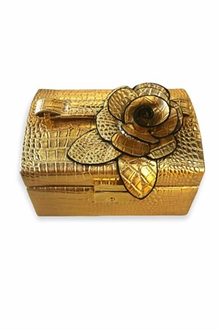 Gold Çiçekli Deri Mücevher / Takı Kutusu, Organizer - Miamantra