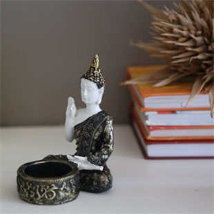 Pirinç Detaylı Beyaz Buda Tealight Mumluklar (11 cm) - Öğretici - Miamantra