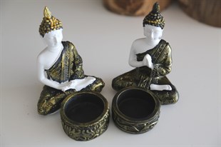Pirinç Detaylı Beyaz Buda Tealight Mumluklar (11 cm)