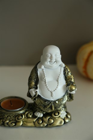 Pirinç Detaylı Gülen Buda Milefo  Mumluk (15 cm) - Miamantra