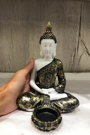 Pirinç Görünümlü Beyaz Buda Tealight Mumluk - Meditasyon Duruşlu - 15cm - Miamantra